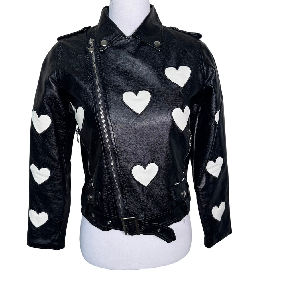 LOLA + THE BOYS Women's Small Black White I Heart You Vegan Leather Moto Jacket